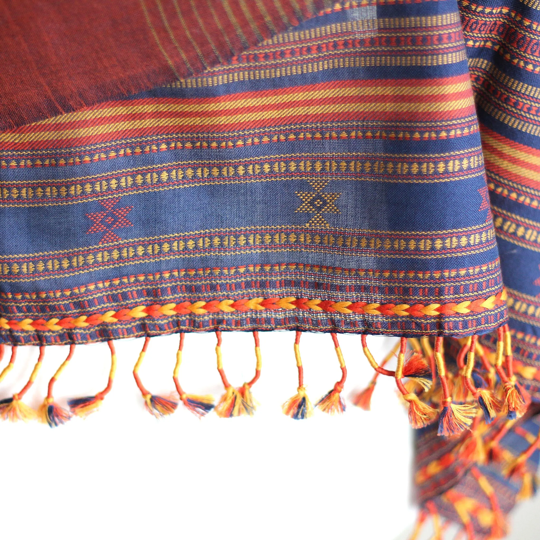 Handwoven Cotton Stole Wrap with Tassels | Maroon-Golden Brown, Olive, 23x84"