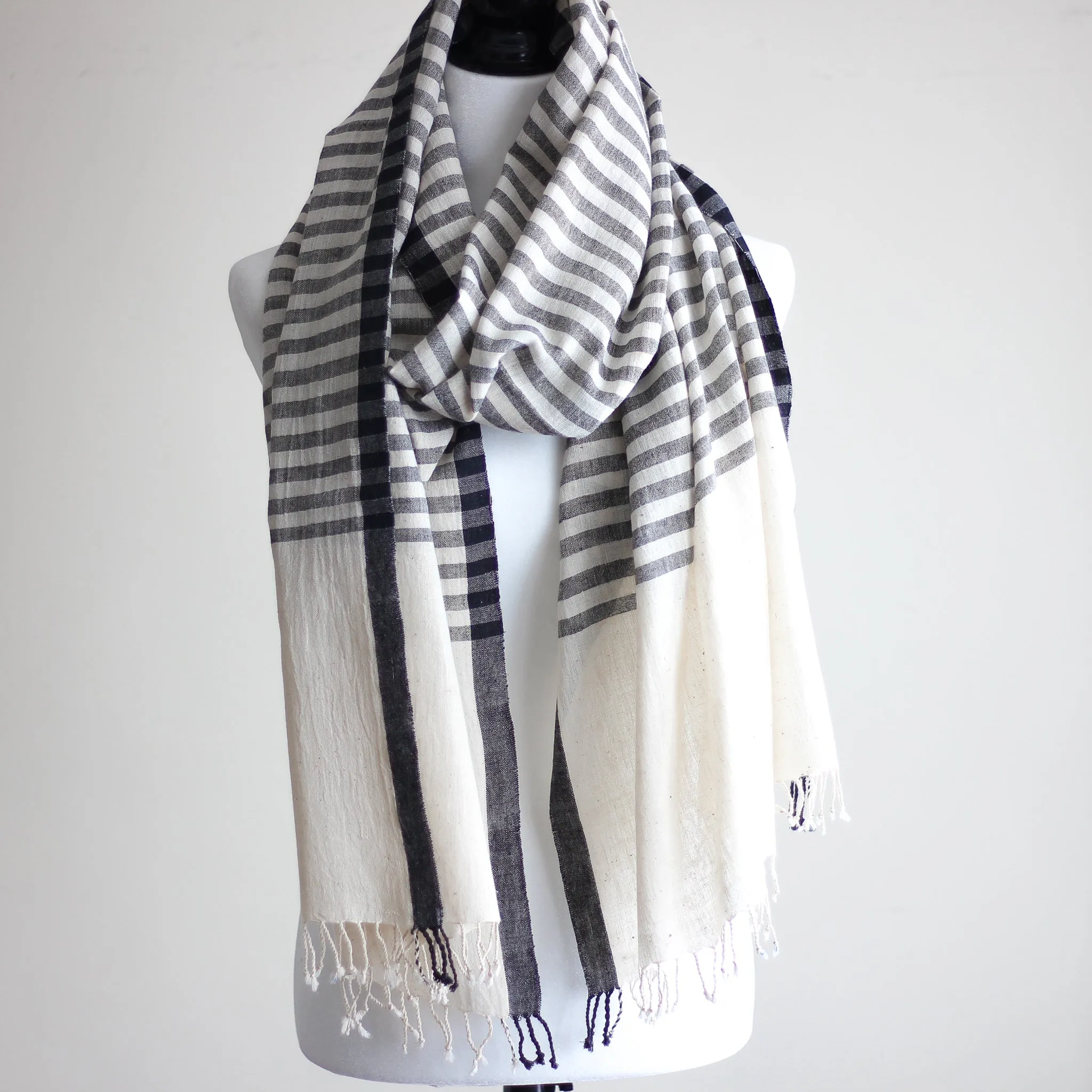 Handwoven Organic Cotton Wrap with Tassels - Genetically Pure Organic Kala Cotton Scarf | Cream-Gray Stripes, 23x84"