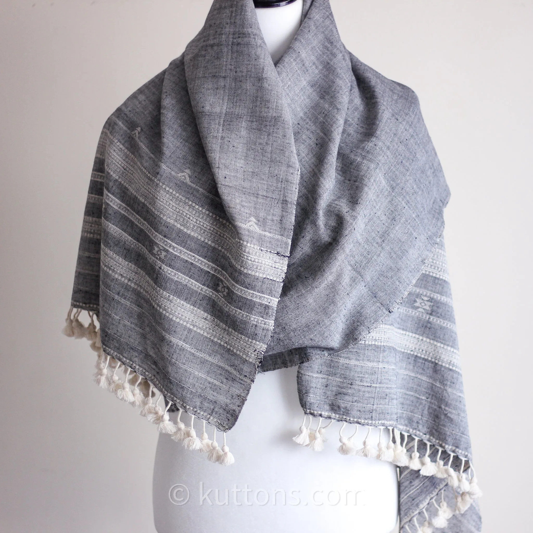 Handwoven Organic Cotton Wrap with Tassels - Organic Kala Cotton Scarf | Gray, 24x80"