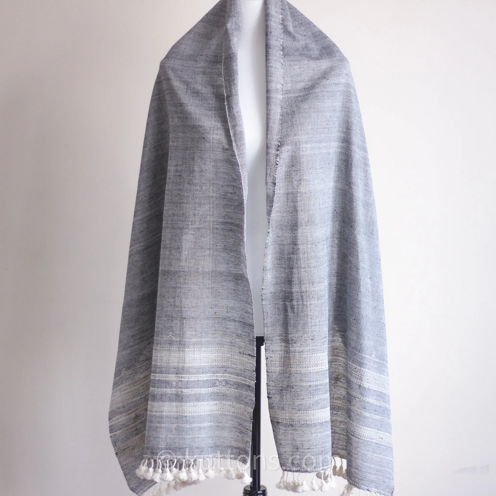 Handwoven Organic Cotton Wrap with Tassels - Organic Kala Cotton Scarf | Gray, 24x80"