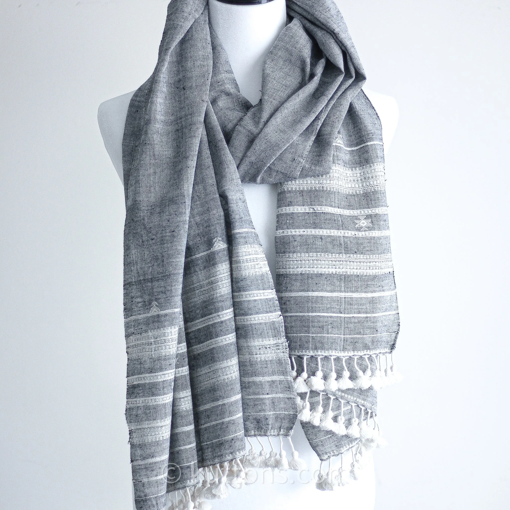 Handwoven Organic Cotton Wrap with Tassels - Organic Kala Cotton Scarf | Gray, 24x80"