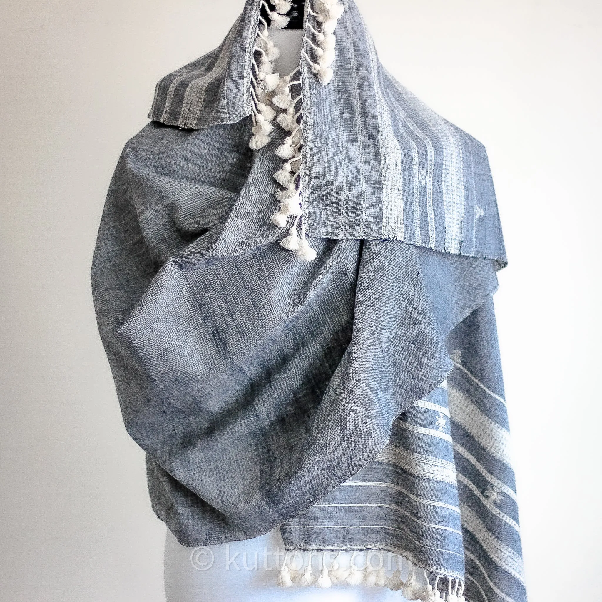 Handwoven Organic Cotton Wrap with Tassels - Organic Kala Cotton Scarf | Gray, 24x80"