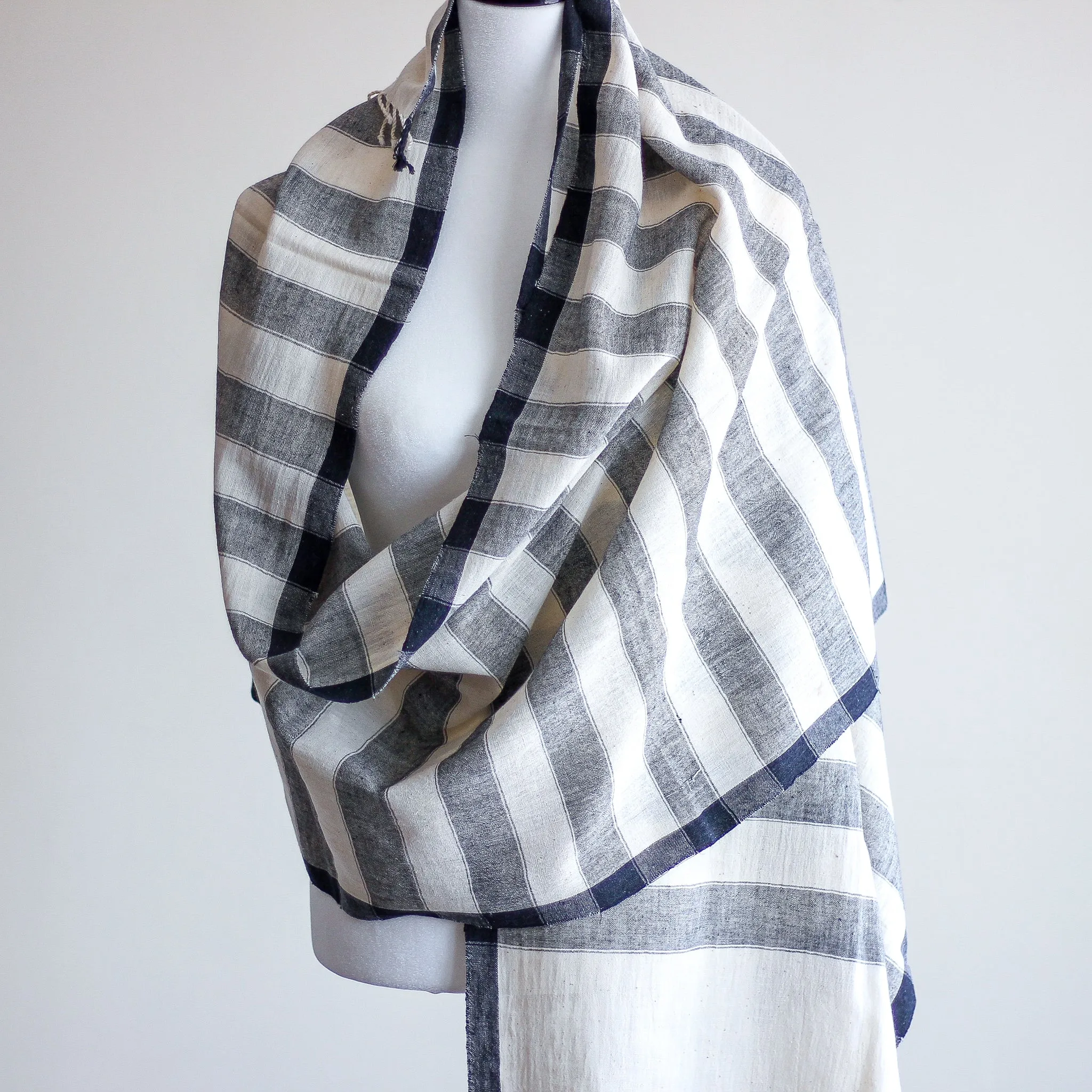 Handwoven Organic Kala Cotton Wrap with Tassels - Genetically Pure Organic Cotton Scarf | Cream-Gray Stripes, 23x89"