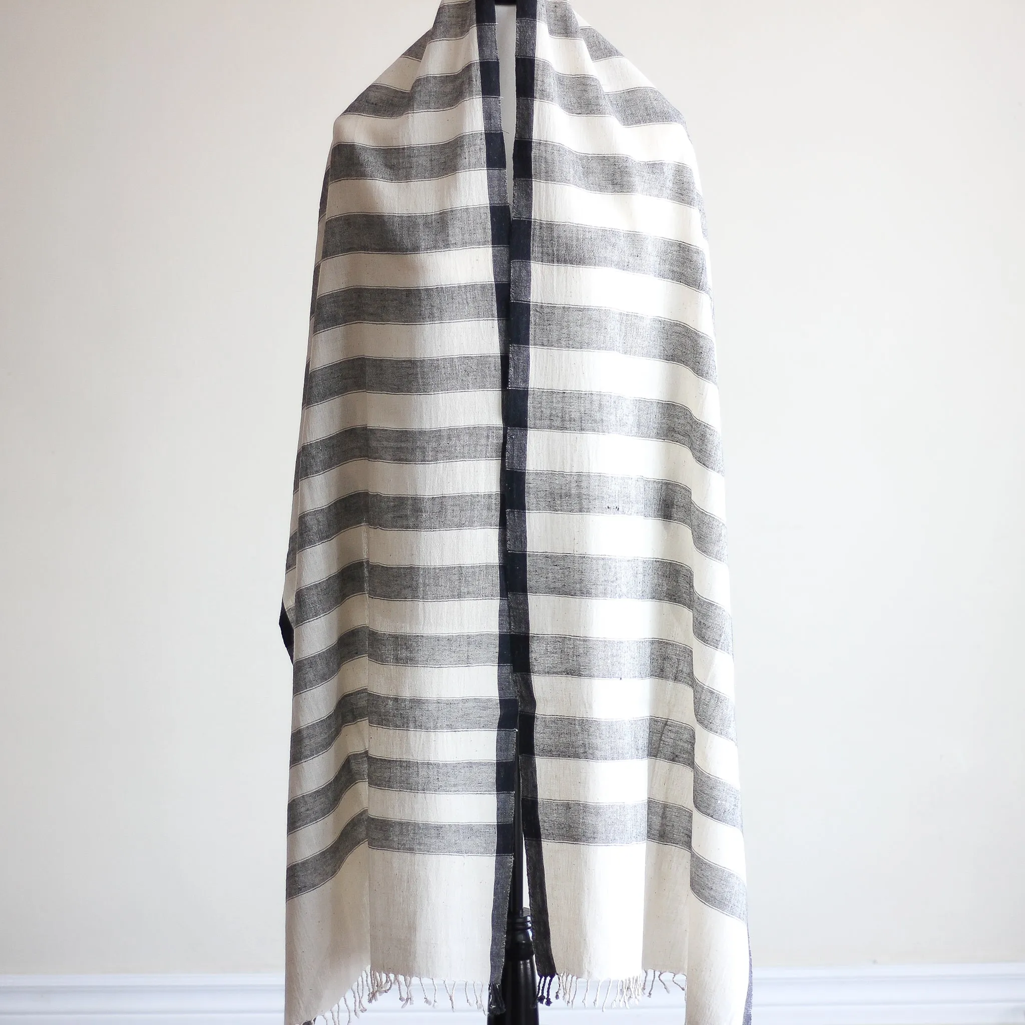 Handwoven Organic Kala Cotton Wrap with Tassels - Genetically Pure Organic Cotton Scarf | Cream-Gray Stripes, 23x89"