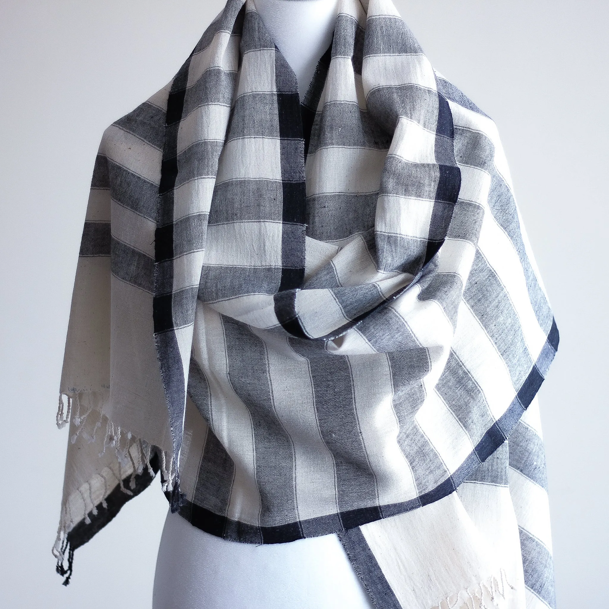 Handwoven Organic Kala Cotton Wrap with Tassels - Genetically Pure Organic Cotton Scarf | Cream-Gray Stripes, 23x89"