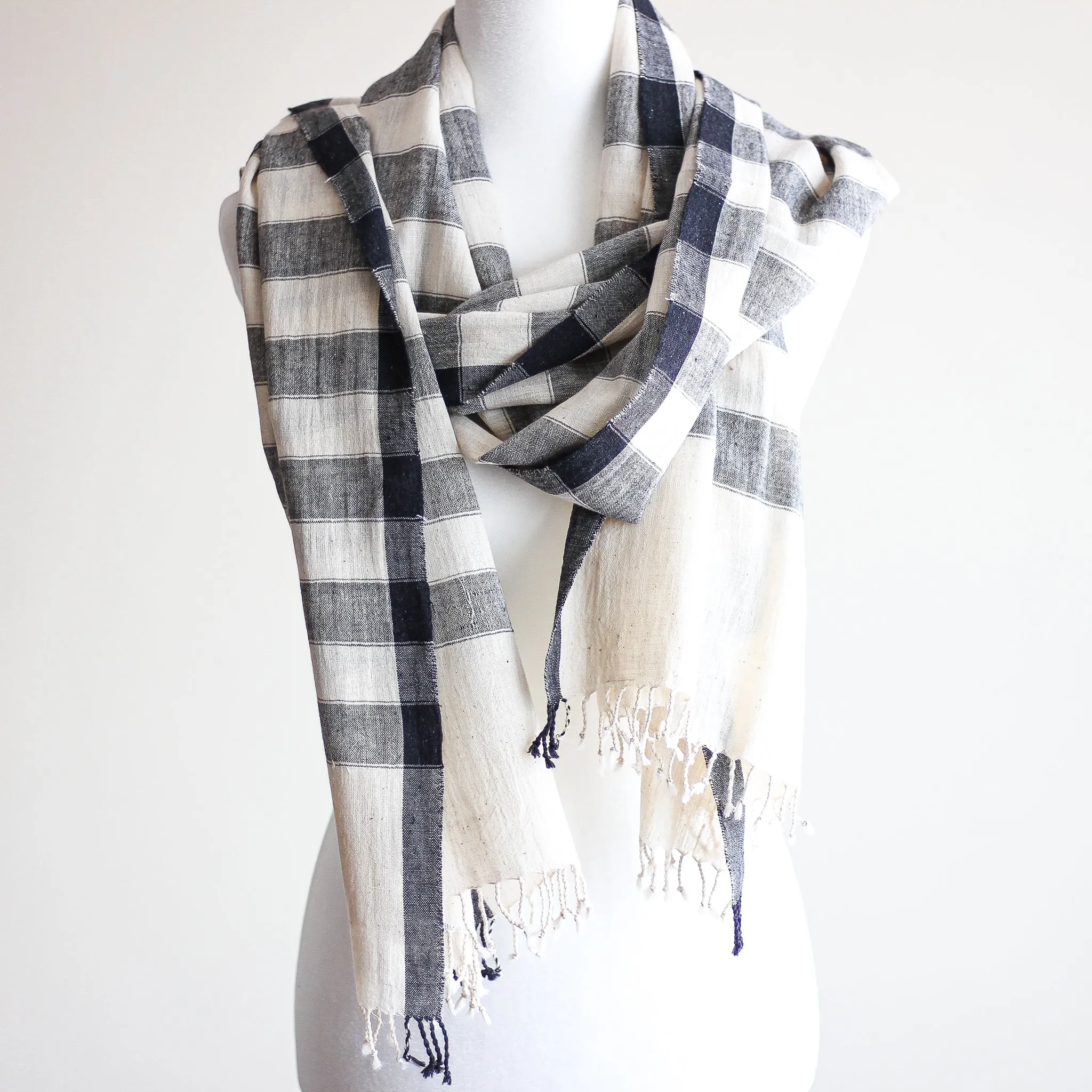 Handwoven Organic Kala Cotton Wrap with Tassels - Genetically Pure Organic Cotton Scarf | Cream-Gray Stripes, 23x89"