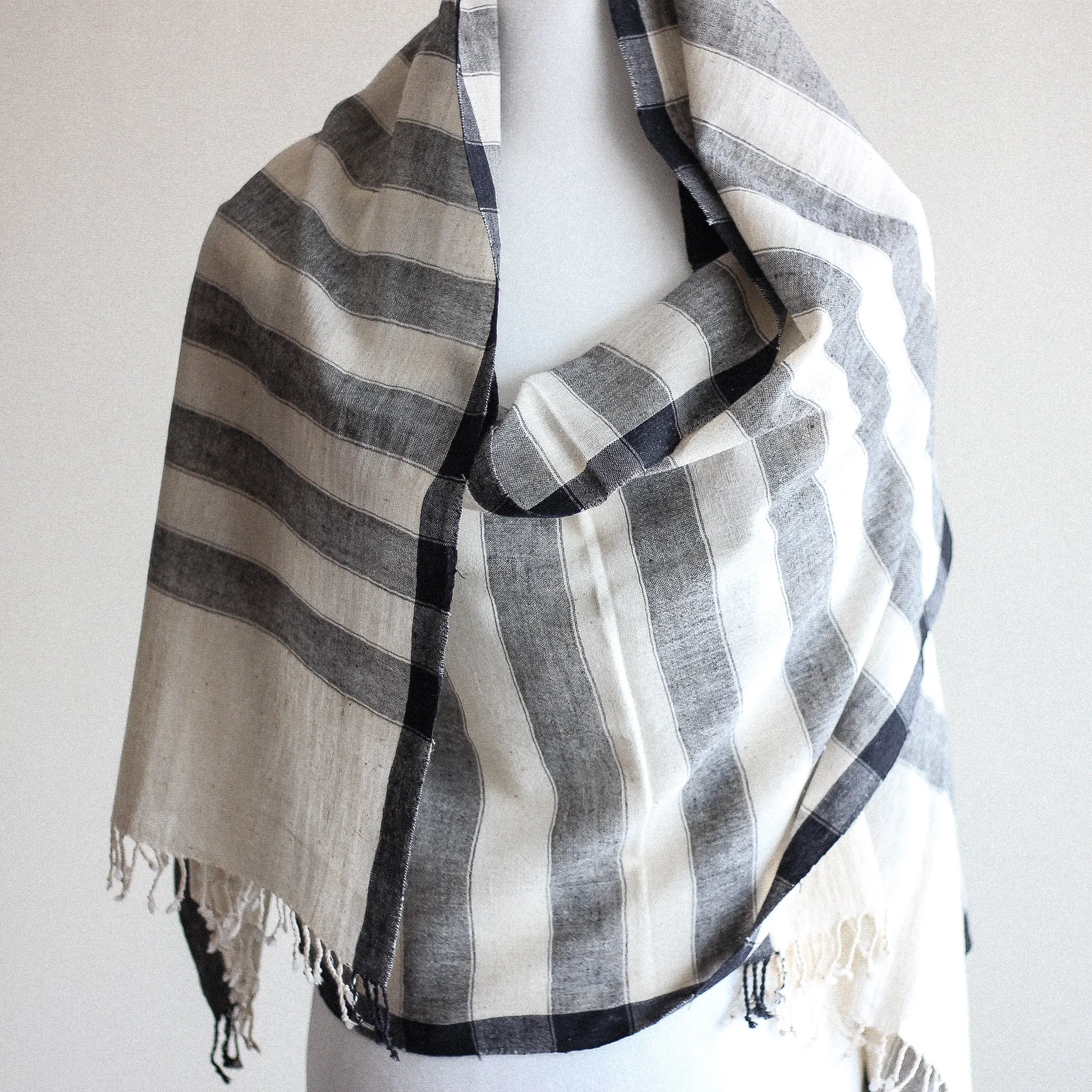 Handwoven Organic Kala Cotton Wrap with Tassels - Genetically Pure Organic Cotton Scarf | Cream-Gray Stripes, 23x89"