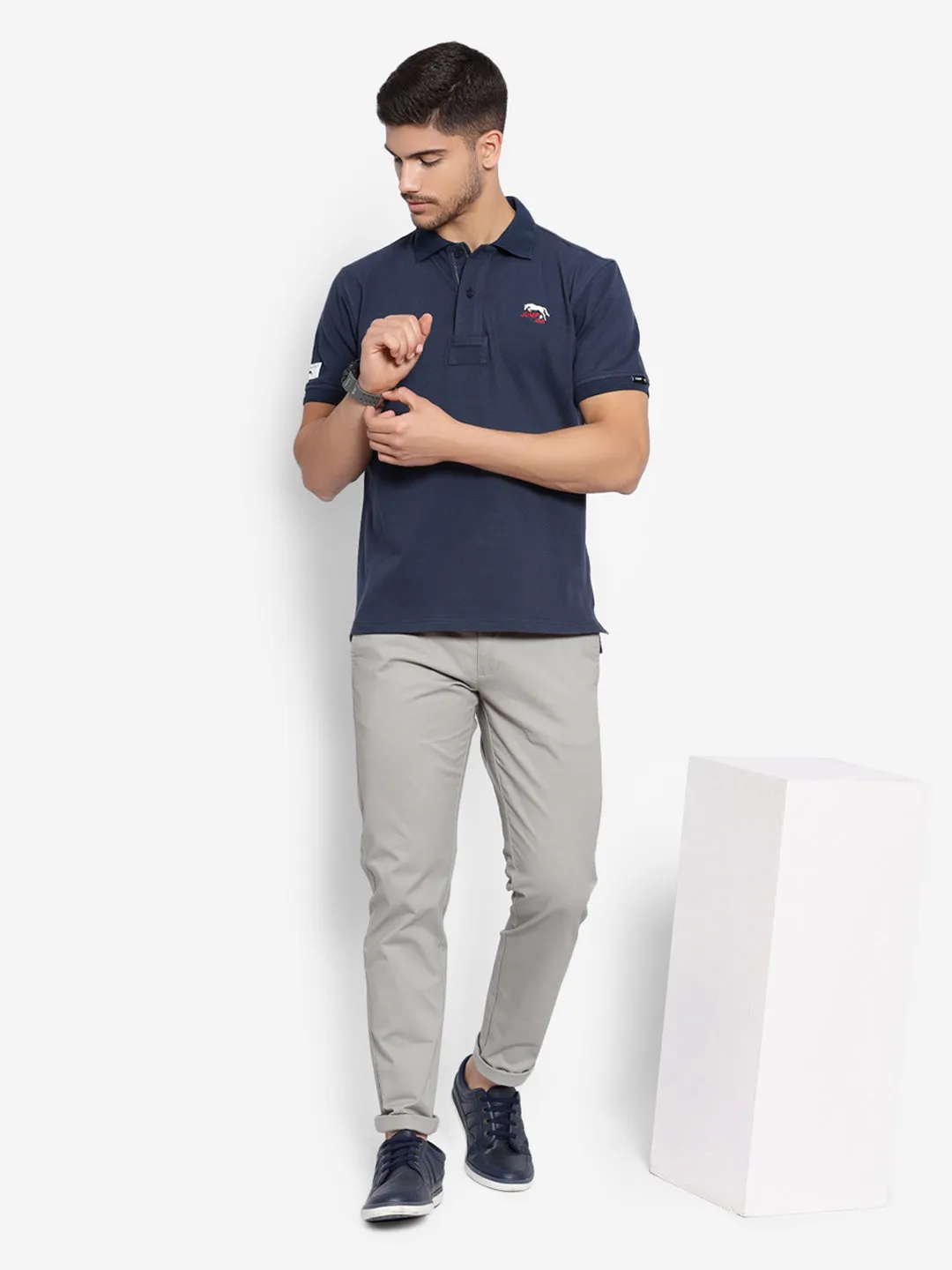 JUMP USA Men Navy Blue Solid Polo Collar Pure Cotton T-shirt