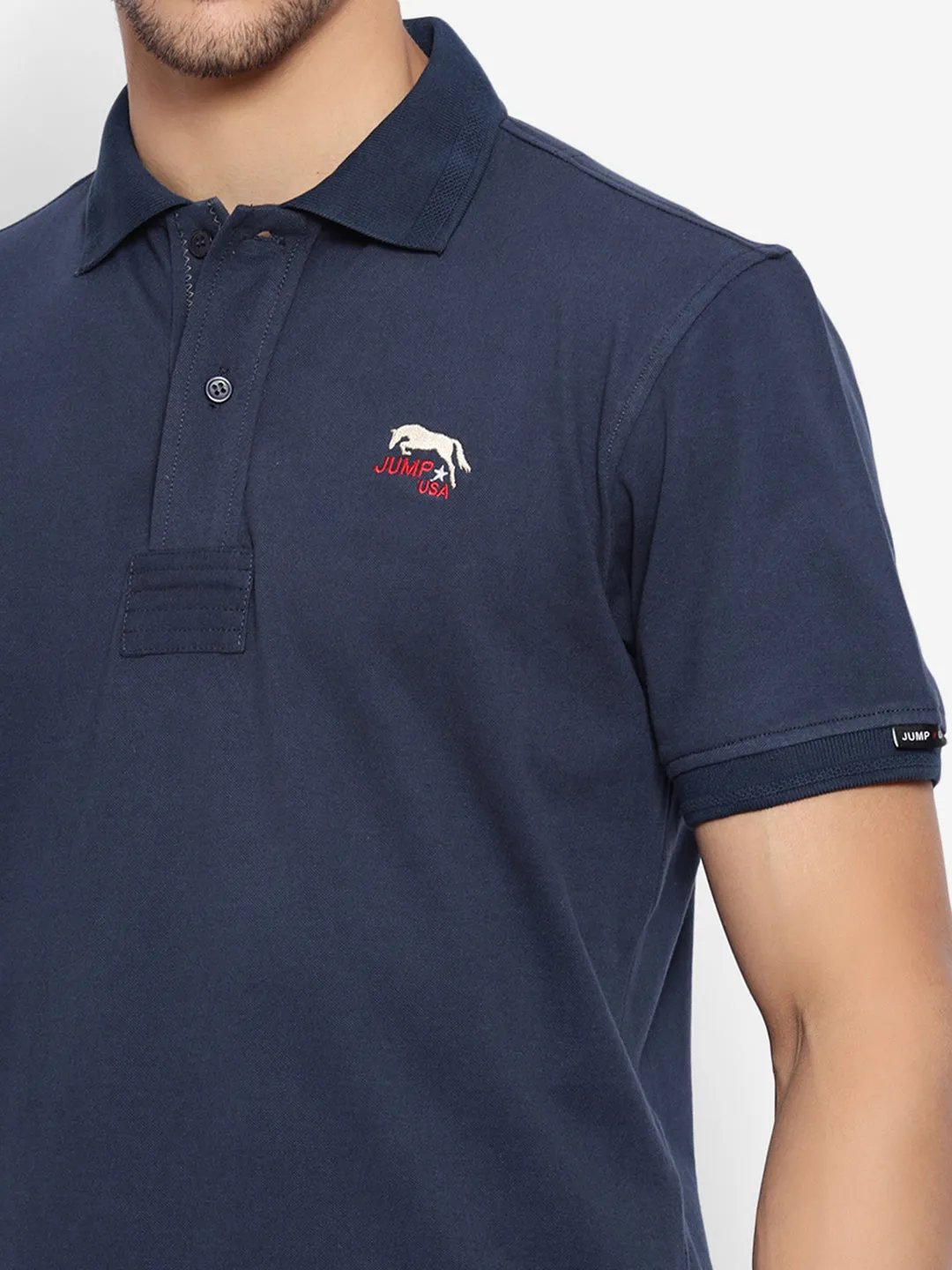 JUMP USA Men Navy Blue Solid Polo Collar Pure Cotton T-shirt