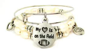 My Heart Is On The Field With Football Fresh Water Pearls Expandable Bangle Bracelet Set