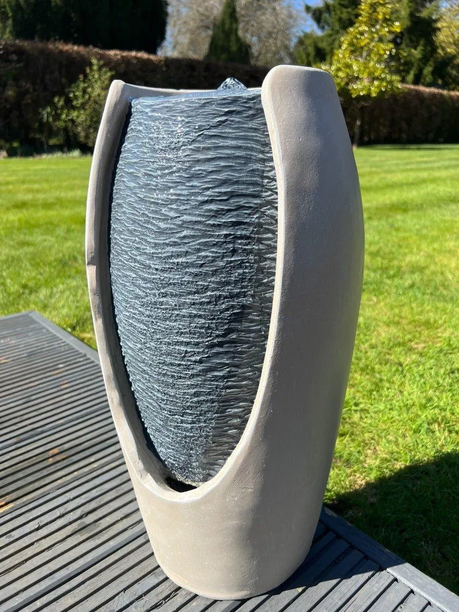 Open Vase White/Grey Water Feature with LED Lights - Solar Powered 27x25x50cm