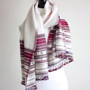 Organic Kala Cotton Stole with Tassels - Handspun & Handwoven Wrap | Cream-Red, 23x72"