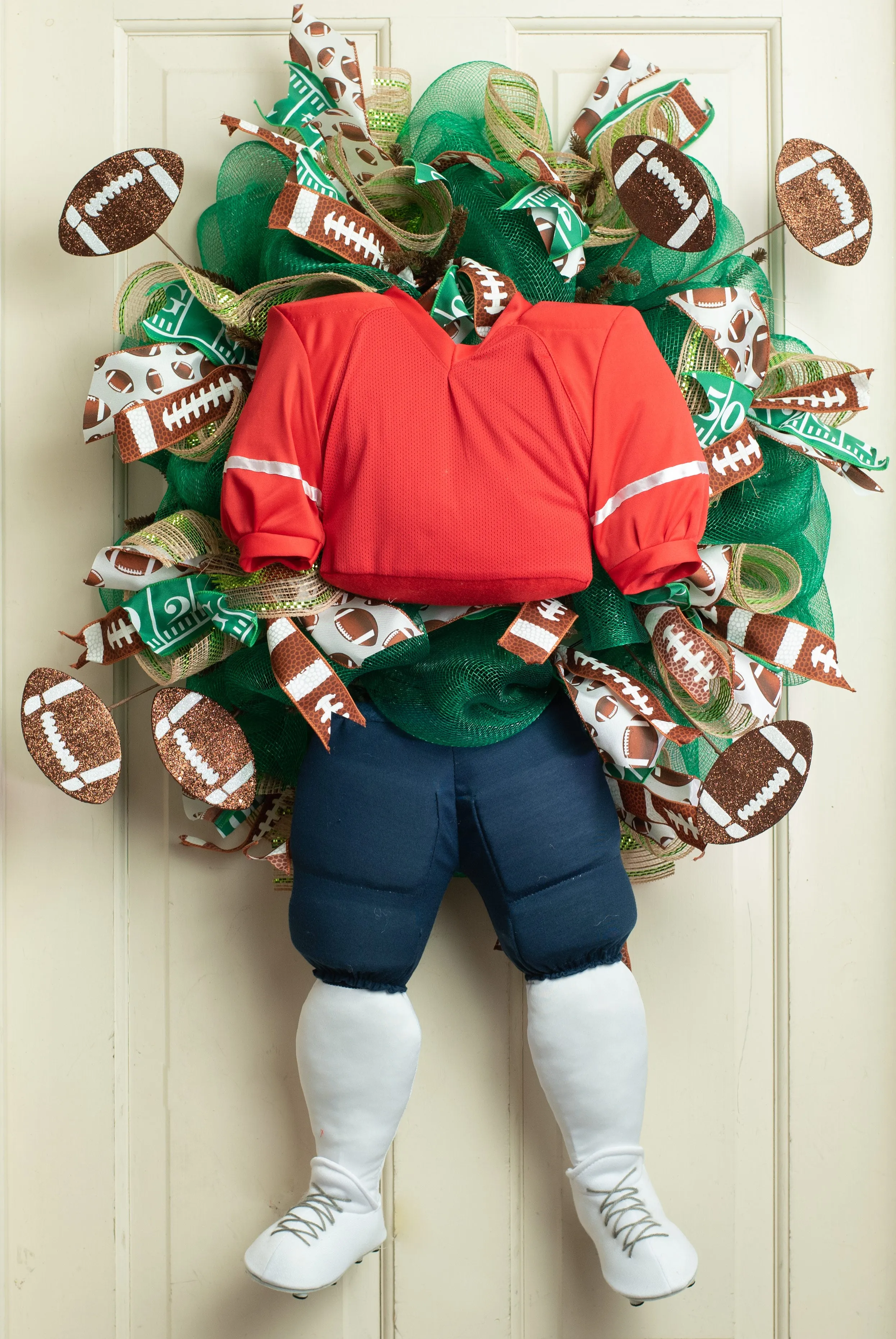 Plush Football Player Wreath Accent: Red, Navy Blue, White