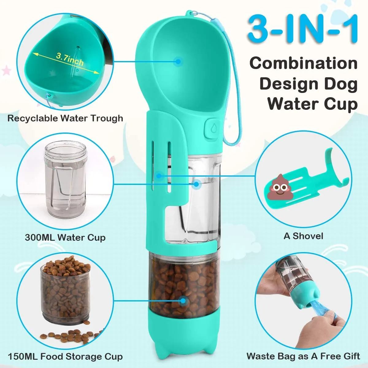 Portable Dog Travel Water Dispenser with Food Container-300ML