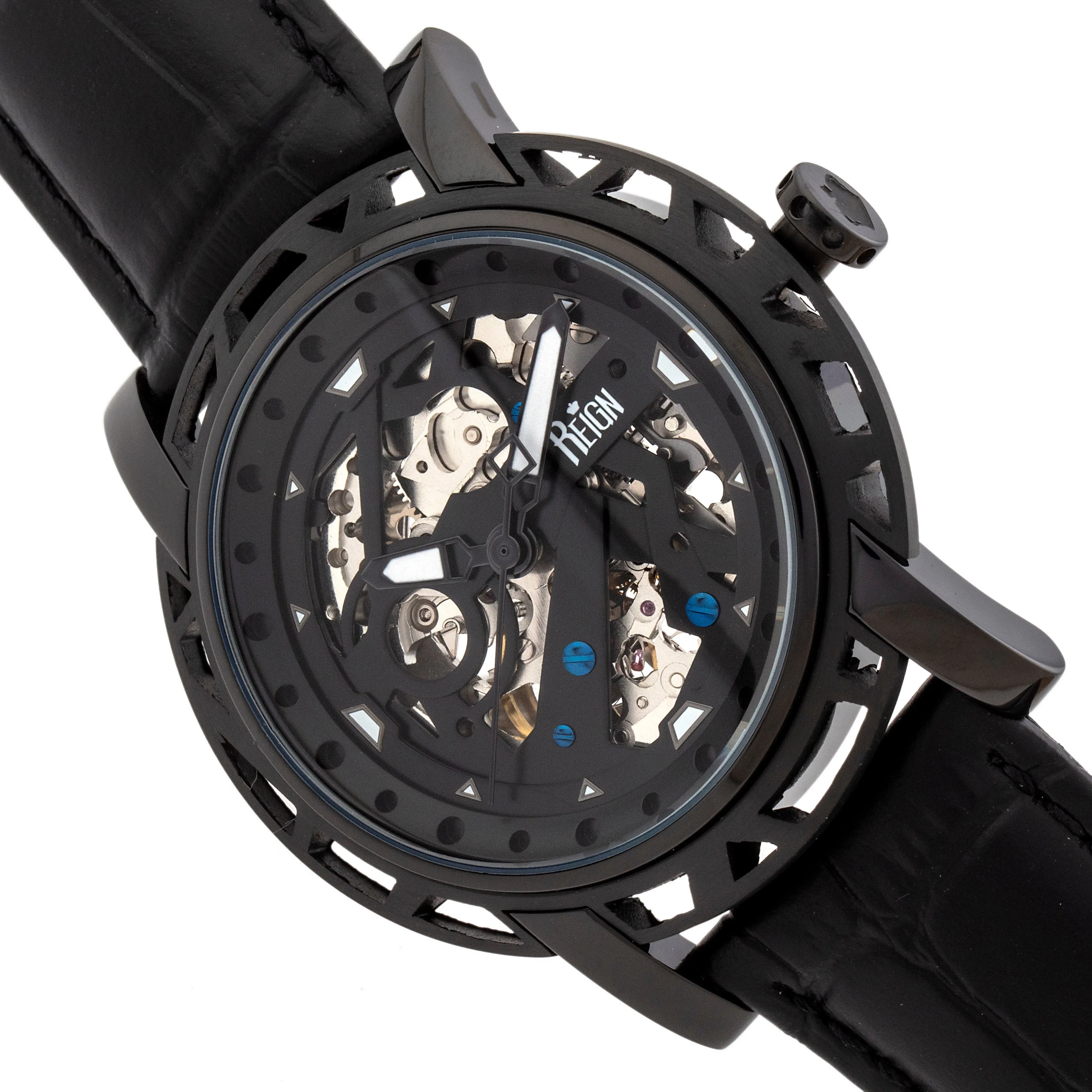 Reign Stavros Automatic Skeleton Leather-Band Watch - Black