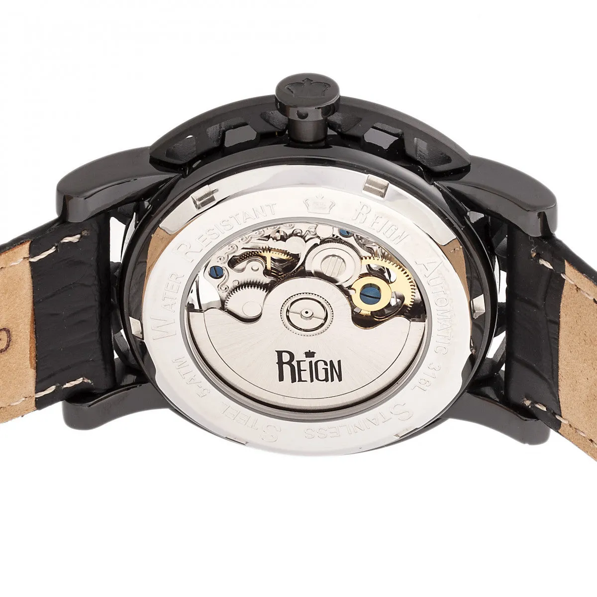 Reign Stavros Automatic Skeleton Leather-Band Watch - Black