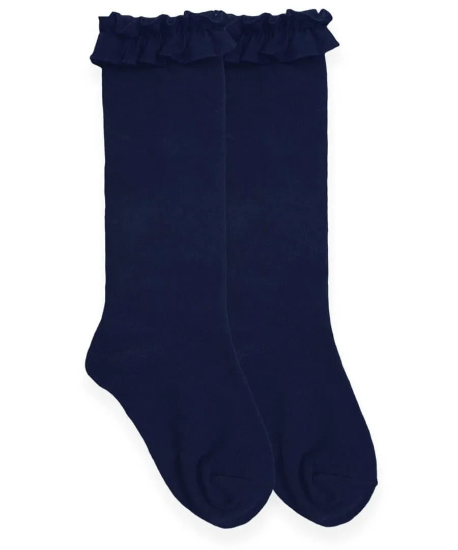 Ruffle Knee High Socks - Navy