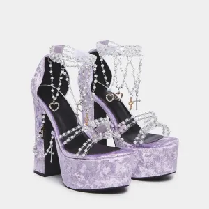 TAVIMART  -  Lolita Pearls Heart Chains Purple Velvet Platform Sandals Chunky High Heel Beads PVC Straps Wedding Shoes Jewerly Ladies Pumps