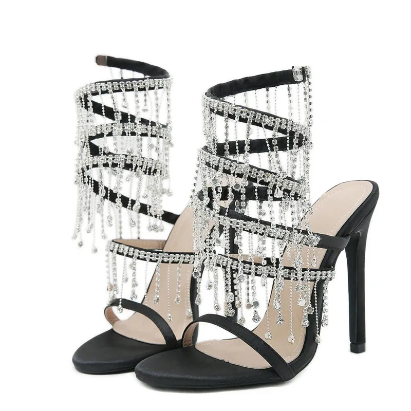 TAVIMART  -  Runway Style Glitter Crystal Tassel Snake Coiled Women Sandals Sexy Stiletto High Heels Summer Fashion Party Prom Shoes