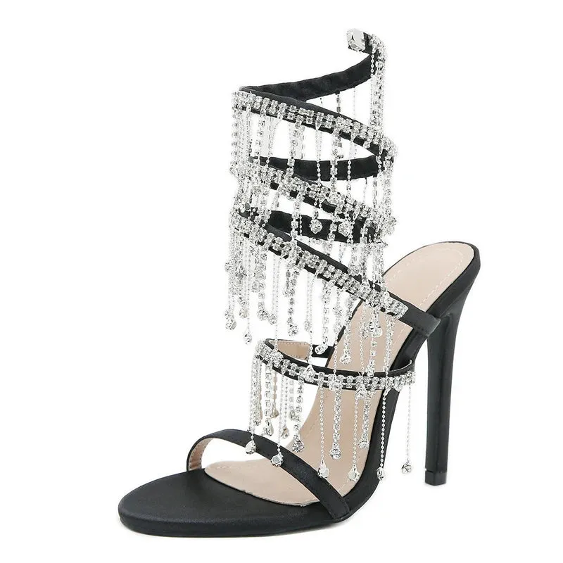 TAVIMART  -  Runway Style Glitter Crystal Tassel Snake Coiled Women Sandals Sexy Stiletto High Heels Summer Fashion Party Prom Shoes