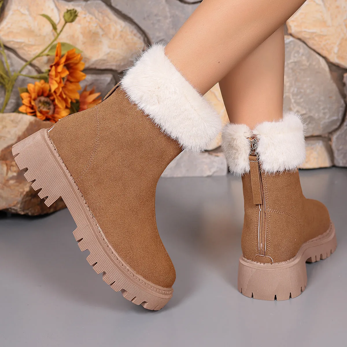 Uniwim Christmas Gifts Square-heeled Snow Boots Winter Plus Velvet Platform Plush Shoes Fashion Warm Non-slip Mid-calf Boot For Women