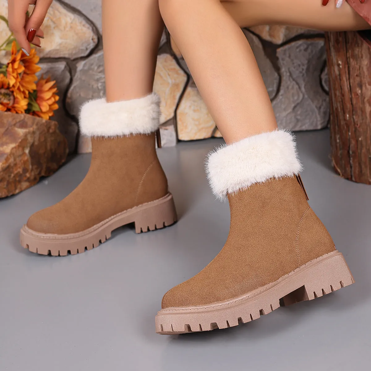 Uniwim Christmas Gifts Square-heeled Snow Boots Winter Plus Velvet Platform Plush Shoes Fashion Warm Non-slip Mid-calf Boot For Women