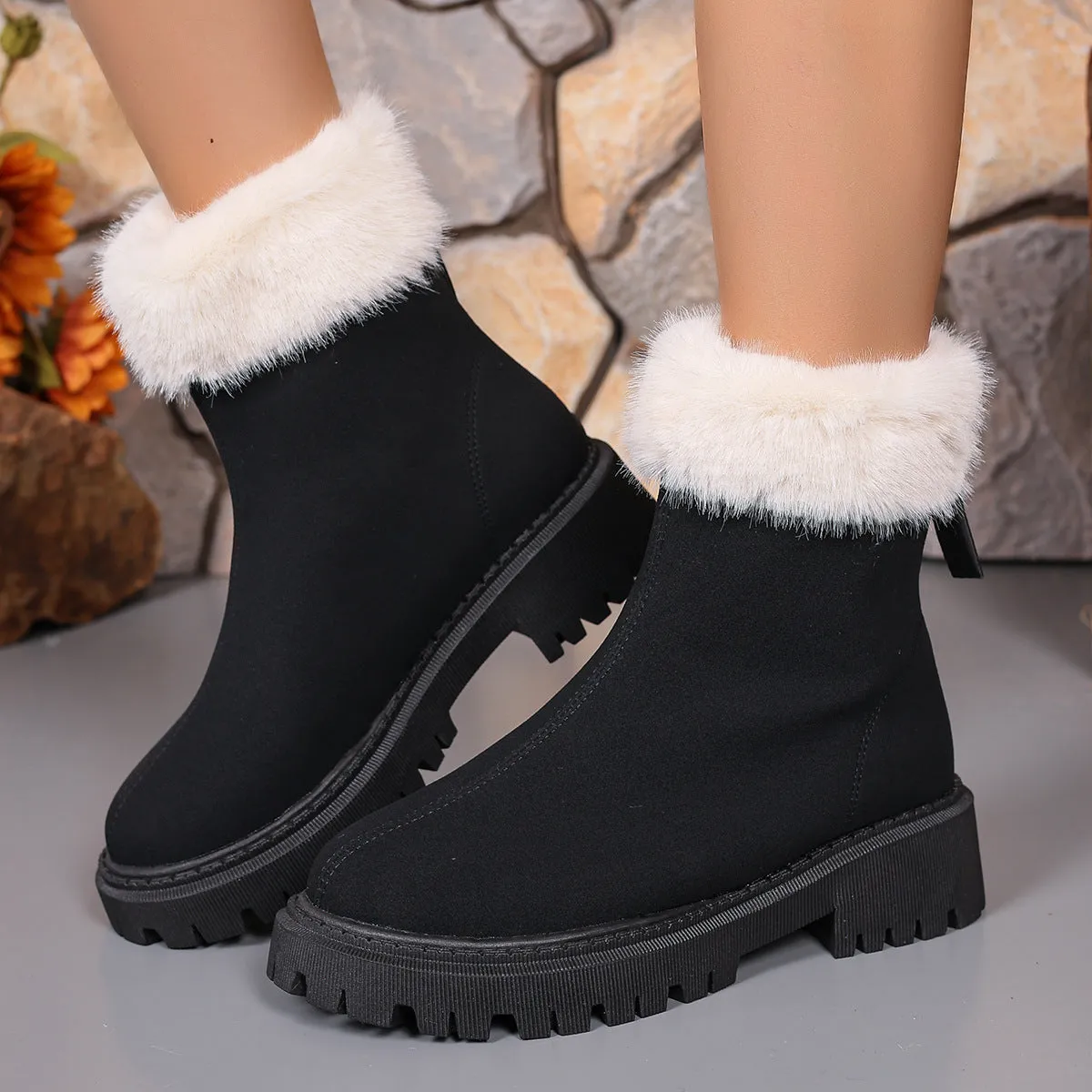 Uniwim Christmas Gifts Square-heeled Snow Boots Winter Plus Velvet Platform Plush Shoes Fashion Warm Non-slip Mid-calf Boot For Women