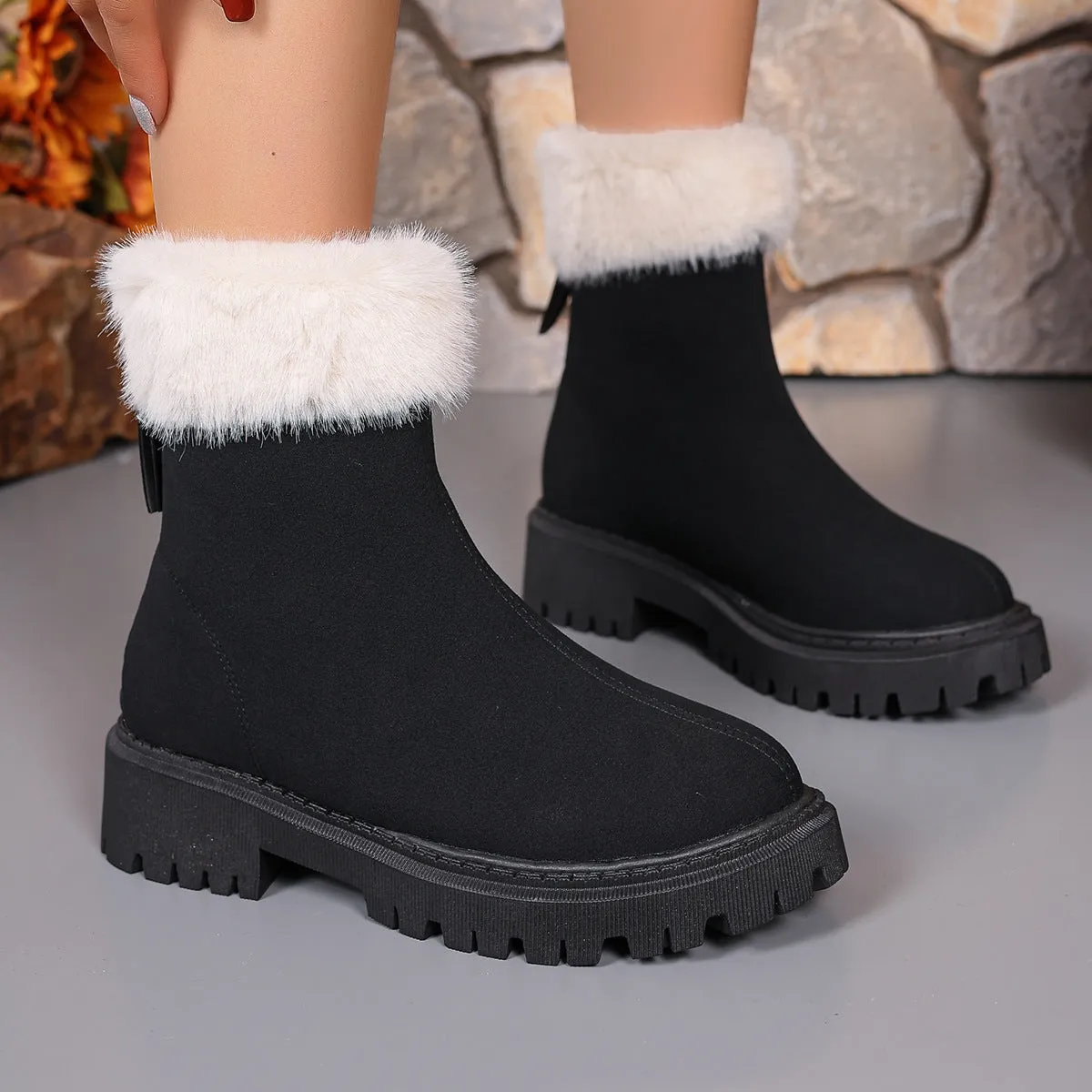 Uniwim Christmas Gifts Square-heeled Snow Boots Winter Plus Velvet Platform Plush Shoes Fashion Warm Non-slip Mid-calf Boot For Women