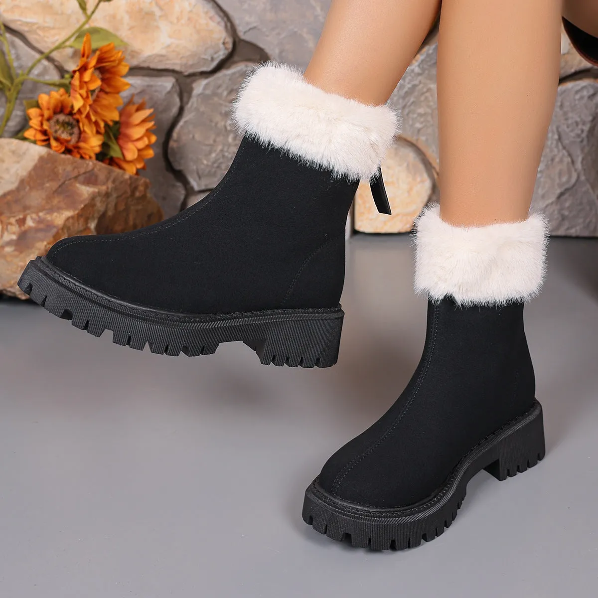 Uniwim Christmas Gifts Square-heeled Snow Boots Winter Plus Velvet Platform Plush Shoes Fashion Warm Non-slip Mid-calf Boot For Women