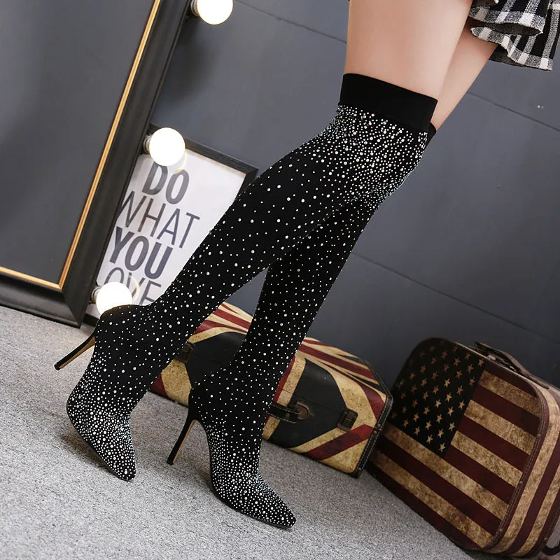 Uniwim Uniwim 2024  Fashion Women Over The Knee High Thigh Sock Boots 11.5Cm High Heels Crystal Diamond Stripper Long Thigh Pleaser Boots Shoes