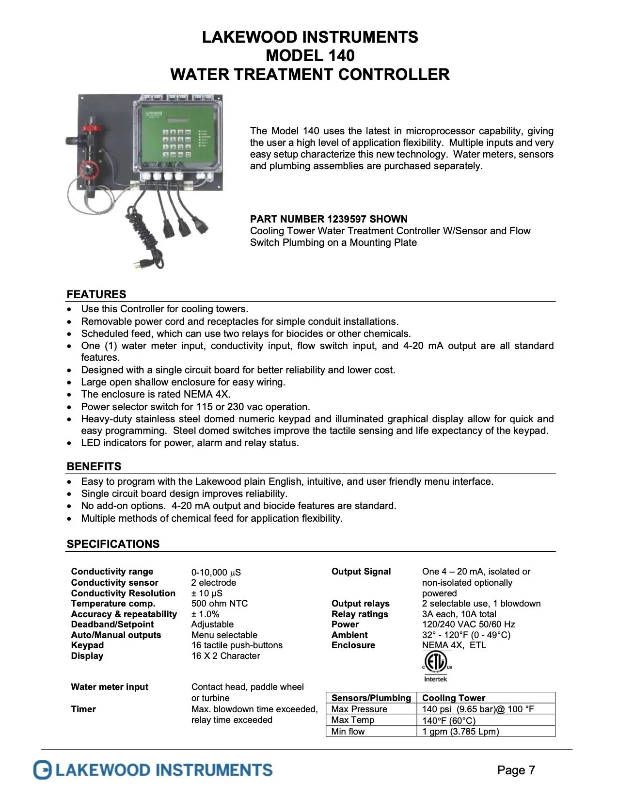 Water electrical conductivity controller for cooling towers Lakewood model 140