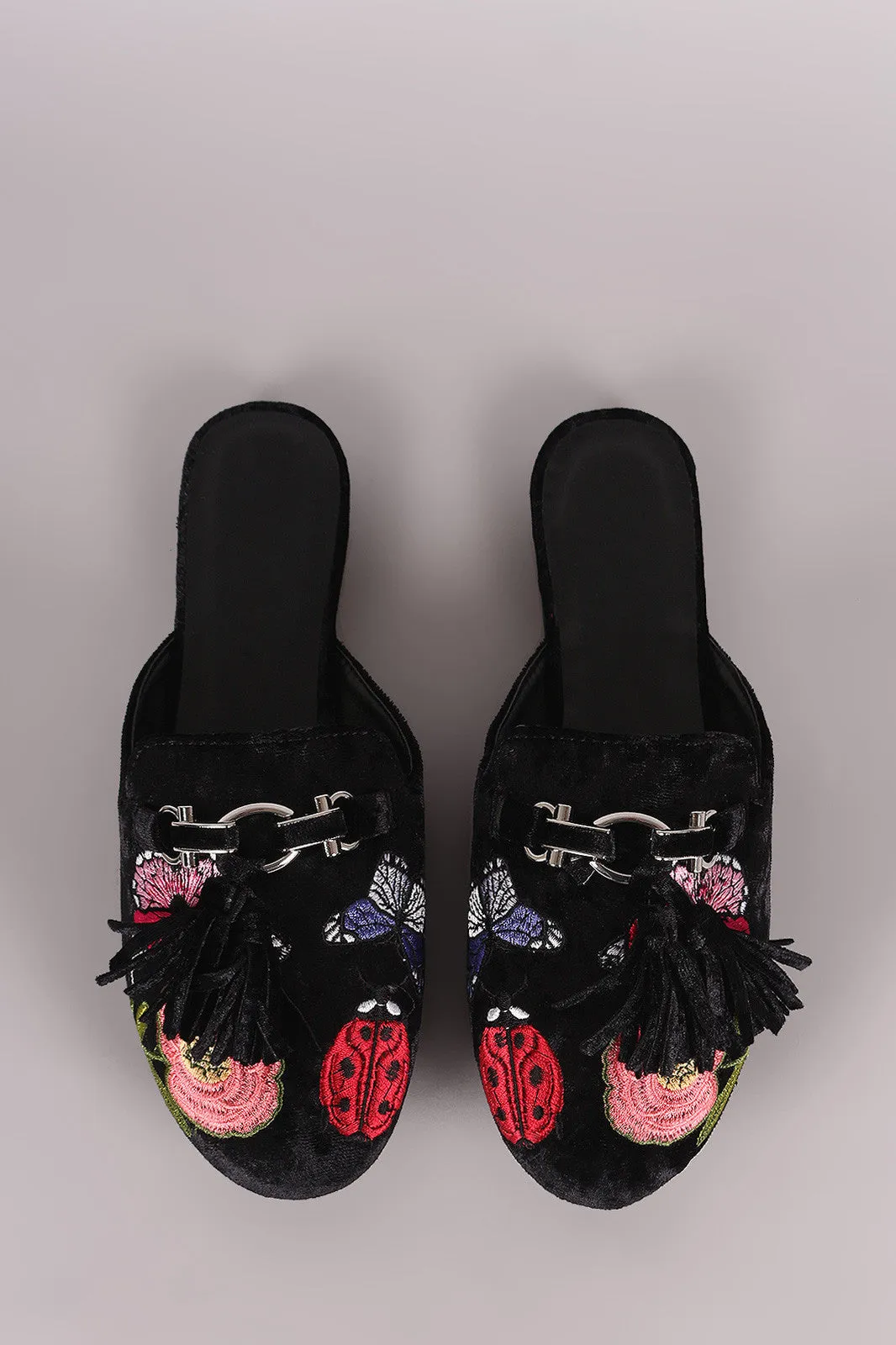 Wild Diva Lounge Embroidery Velvet Horsebit Mule Flat