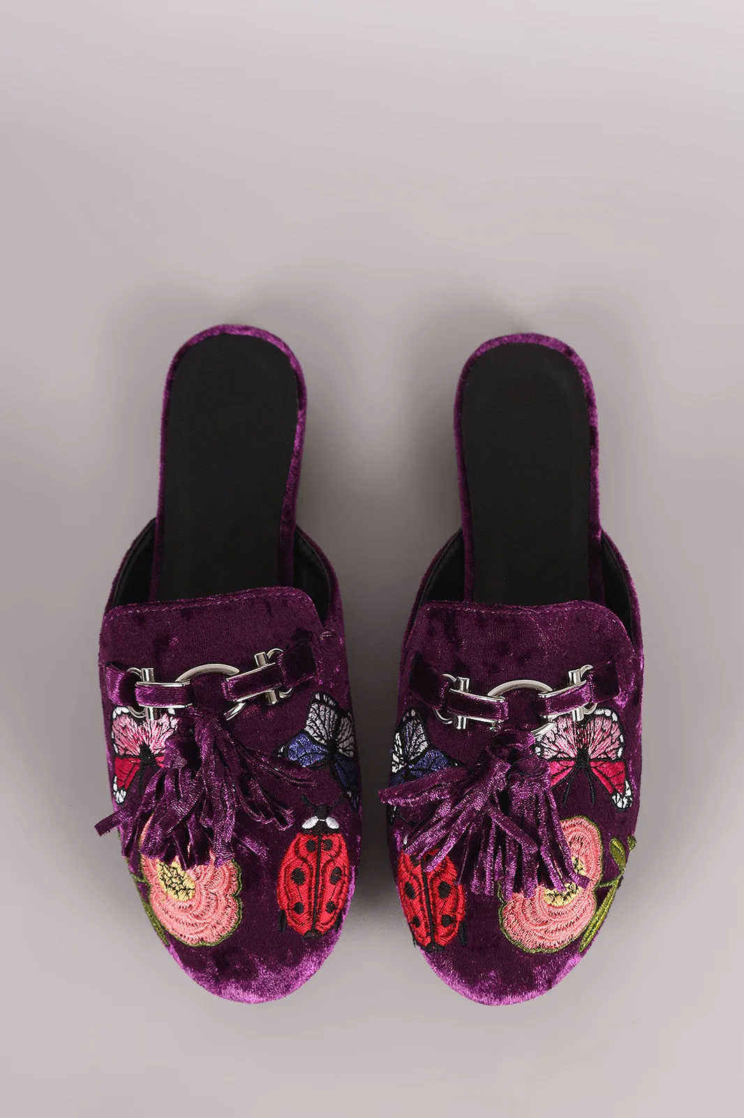 Wild Diva Lounge Embroidery Velvet Horsebit Mule Flat